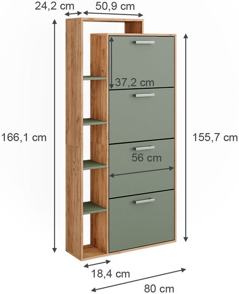 Schuhkipper Orlando Goldkraft Eiche/Grün 80 x 166.1 cm mit 4 Fächern Vicco Bild 2