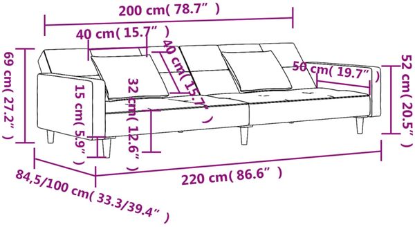 vidaXL Schlafsofa 2-Sitzer mit 2 Kissen Blau Samt 375815 Bild 11