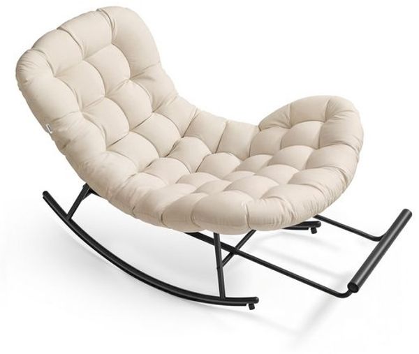 VASAGLE Relaxsessel mit ausziehbarer Fußstütze, Schaukelsessel, abnehmbares Kissen, Stahlgestell, bis 136 kg, beige