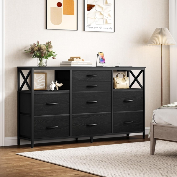 Kommode 140 cm, 2 USB & 2 AC-Anschlüssen, Kommode mit 8 Schubladen aus Stoff, Vielseitiges Aufbewahrungsmöbel für Wohnzimmer und Schlafzimmer, 30 x 140 x 86 cm, Schwarz