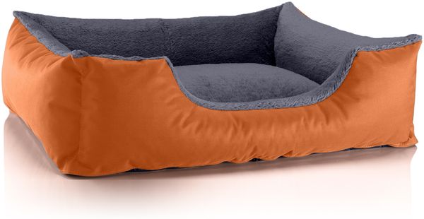 BedDog Hundebett TEDDY, Hundesofa aus Cordura und Microfaser-Velours, waschbares Hundebett mit Rand, Hundekissen vier-eckig (L) ca. 80x65x18cm, RUSSET-ROCK (orange/grau)