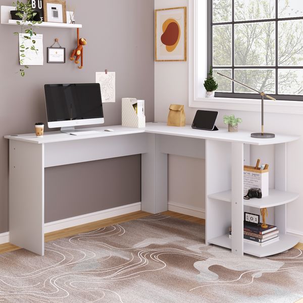 Eckschreibtisch, Spanplatte mit 2 Ablagen, 140x140x75 cm, Weiß