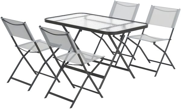 Gartenmöbel-Set mit 4 Stühlen und 1 Tisch, 5-teiliges stapelbares Garten-Lounge-Set, Textilene-Stühle, Tischplatte aus gehärtetem Glas, grau