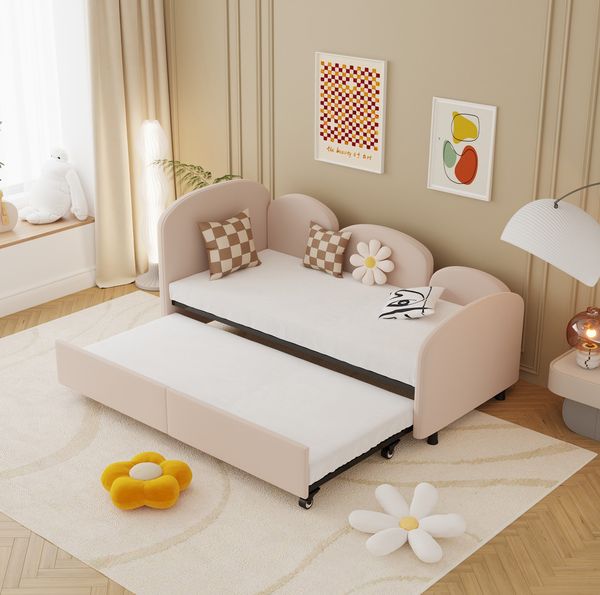 Pinkes Samt-Tagesbett mit Blumenform & Schublade, Twin Size 90x200 cm