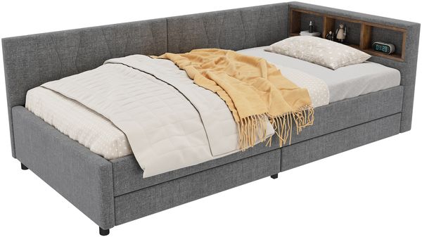 Daybett, 90*200cm, Tagesbett, Schlafsofa, Ablagefach am Bett, USB+Typ C, , Bett mit zwei Schubladen, Bett mit Lattenrost (ohne Matratze), Leinen, Grau Bild 7