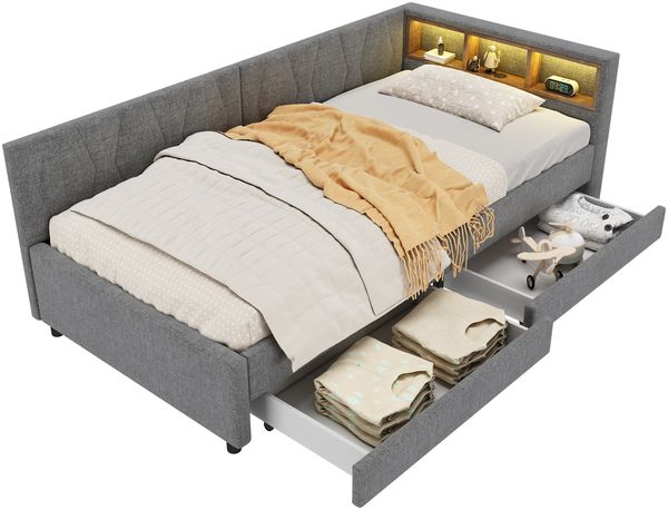 Daybett, 90*200cm, Tagesbett, Schlafsofa, Ablagefach am Bett, USB+Typ C, , Bett mit zwei Schubladen, Bett mit Lattenrost (ohne Matratze), Leinen, Grau Bild 8