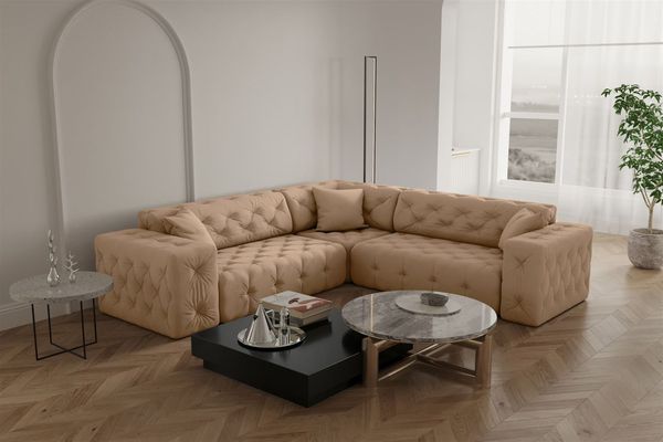 Ecksofa Designersofa CHANTAL in Stoff Opera Velvet Beige Seite Universal