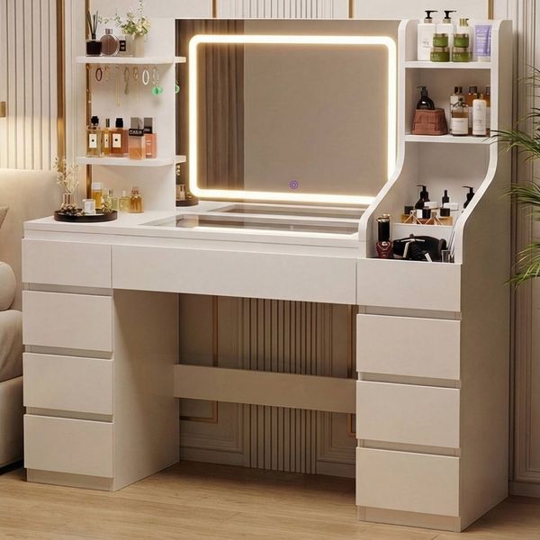 Furnicopia Schminktisch Großer Schminktisch mit LED-Beleuchtung, dimmbar, mit viel Stauraum (Maße: 135 × 40 × 137 cm, Arbeitsplatte aus gehärtetem Glas, mit 7 offenen Ablagefächern + 9 Schubladen, 2 Steckdosen + 1 USB-Anschluss + 1 Typ-C-Anschluss, Hal...