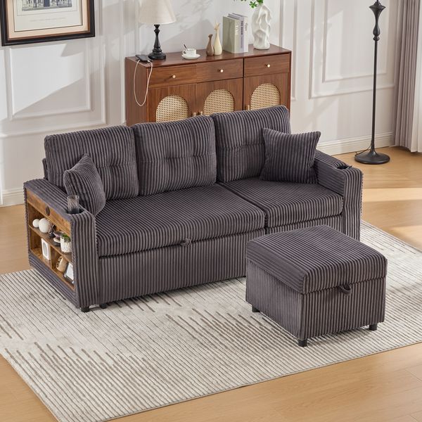 Schlafsofa, Cord mit Stauraum, USB-Anschluss & LED, 196x82-144x85 cm, Dunkelgrau