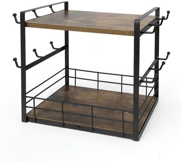 BlingBin Küchenregal 2 Etagen Tassenständer für Arbeitsplatte, 12 Haken, Aufbewahrungskorb, Küchen-Organizer, Gewürzregal 1-tlg, Küchentisch-Organizer, Tassenhalter für Kaffeebar Küche, Braun-Schwarz