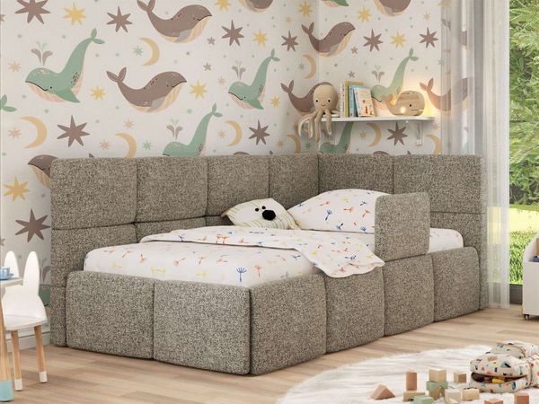 Jugendbett, Kinderbett mit Kopfteil ARVO ALTA 90x200 cm, Polsterbett mit Stauraum, hoher Schlafkomfort - Grau Stukture - Rechts