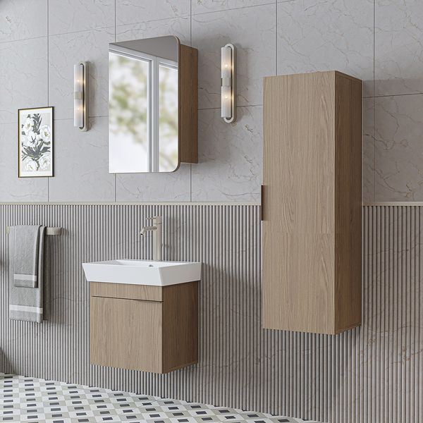 Roomart LYCIA-50 Badmöbel Set– 4-teiliges Badezimmermöbel Set - Waschbeckenunterschrank mit Keramikwaschbecken, Spiegelschrank & Hochschrank - H 54 x B 37 x T 50 cm • Eiche(Hell)