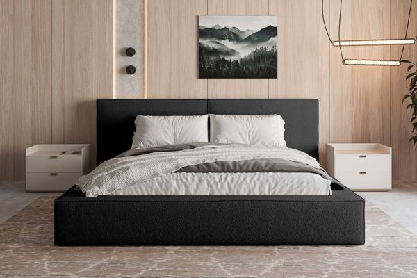 MOEBLO Polsterbett aus Bouclé Bett 06 (Bezug: Boucle, Doppelbett mit Kopfstütze, Rahmenbettgestell, mit Bettkasten und Lattenrost), gepolstertes Kopfteil