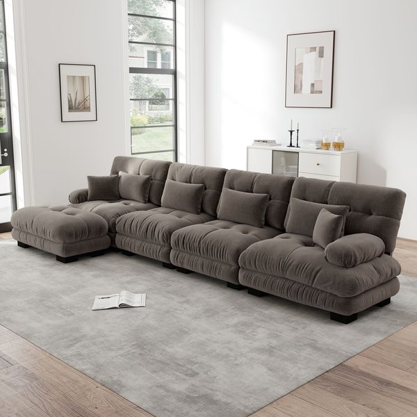 Ecksofa aus Chenille 406x145x81 cm mit beweglichem Ottomane, braun