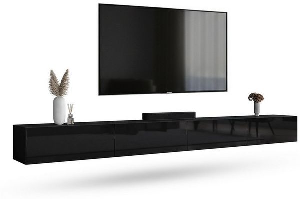 Planetmöbel TV Board 320 cm Schwarz, TV Schrank mit 4 Klappen als Stauraum, Lowboard hängend oder stehend, Sideboard Wohnzimmer