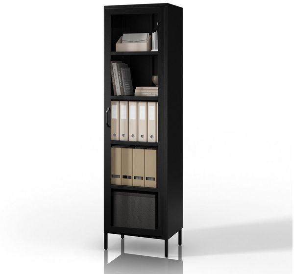 Jan Nowak 1-türiger Vitrinenschrank - Luigi - 50 x 180 x 35 cm - 4 Verstellbare Ablagen, Gehärtetes Glas, Wandmontage - Glasvitrine Stehend, Vitrine Glas, Wohmzimmerschrank Glitzernd - Schwarz