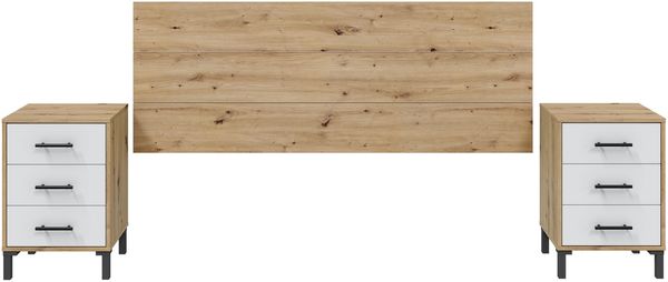 Bettrückwand >ENZO< Kopfteil, 2 Nachtkommoden, Eiche Dekor / Weiß - 160x60x2,5 (BxHxT)