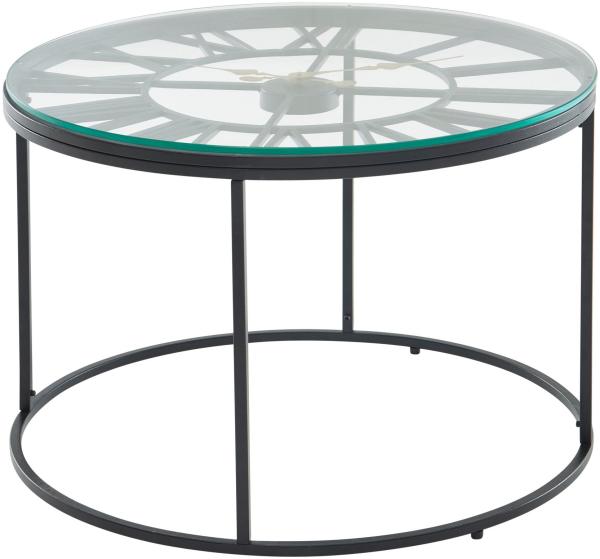 Couchtisch Glas Metall 60 x 60 x 43 cm Sofatisch mit Deko-Uhr | Design Wohnzimmertisch Rund | Kleiner Kaffeetisch Modern | Beistelltisch Anstelltisch Wohnzimmer schwarz