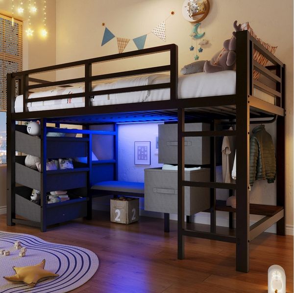 Merax Hochbett 90x200 cm mit LED-Beleuchtung (Jugendbett Einzelbett, 1-St) Metallbett Kinderbett mit Stoff-Stauraum, Sitzkissen, Aufhängebereich