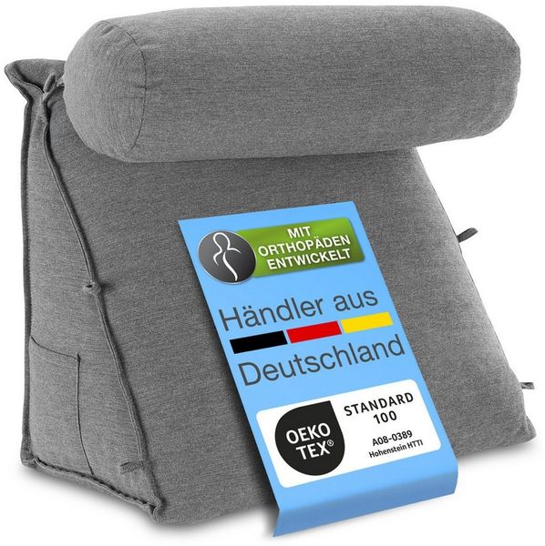 aktivshop Rückenkissen mit Nackenrolle für Bett & Sofa, 55x50x30cm, waschbarer Bezug