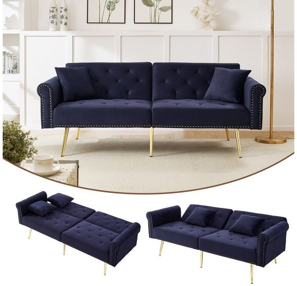 Merax Schlafsofa mit Bettfunktion, 1 Teile, 2-Sitzer-Sofa mit verstellbarer Rückenlehne & goldenen Metallfüßen