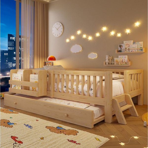 Flieks Massivholzbett, Kinderbett 90x200 cm mit Ausziehbett 90x190 cm, Ablagefächer, Geländer