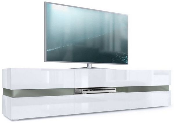 Vladon Lowboard Flow, TV-Kommode mit Ambient Light Verglasung mit 2 Türen, 1 Schublade und 1 Klappe, Weiß Hochglanz/Weiß Hochglanz (177 x 45 x 39 cm)