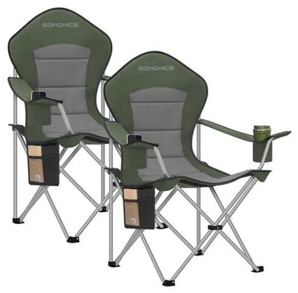 SONGMICS Campingstuhl 2er Set, klappbar, Klappstuhl, breiter Sitz, hohe Rückenlehne, Outdoor-Stuhl, tragbar, Outdoor-Stuhl, Getränkehalter, Handyhalter, Stoff-Organizer, grün-grau