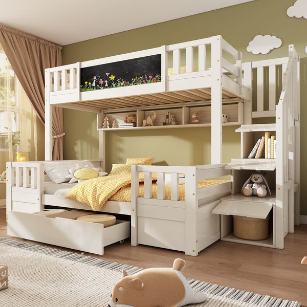 Etagenbett für 3 Kinder, mit Kreidetafel Stauraum-Treppe 2 Schubladen Leiterschrank stabiles Hochbett Stockbett Jugendbett, Massivholz, Weiß, 90 x 200 & 140 x 200 cm