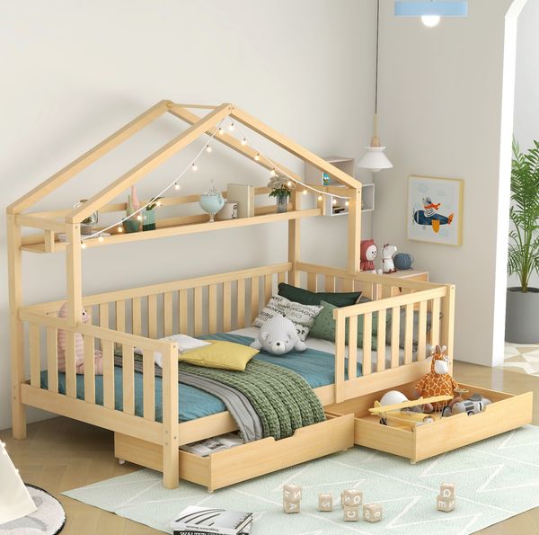 Bett 90x200 cm Hausbett aus Kiefernholz mit Schubladen – skandinavischer Stil und praktischer Stauraum