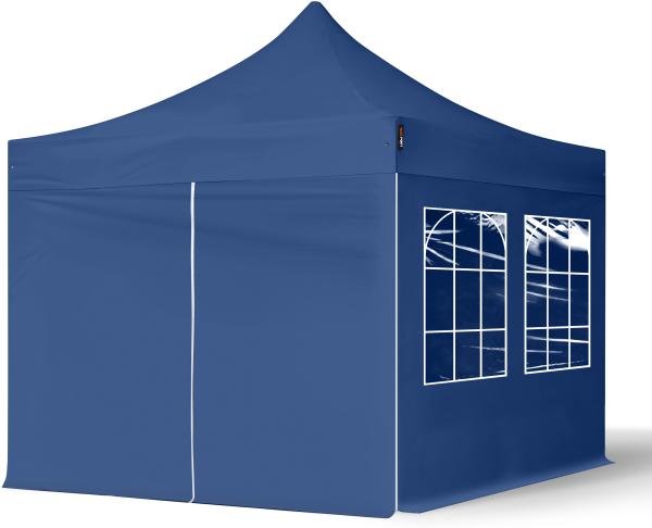 3x3 m Faltpavillon, ECONOMY Stahl 30mm, Seitenteile mit Sprossenfenstern, blau