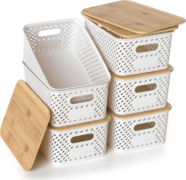 BlingBin Aufbewahrungsbox 6er-Set Aufbewahrungskorb mit Bambus Deckel, 5L Kunststoff Korb (6er Set, 6 St, 25,4 × 18,4 × 10,7 cm), Küchen Aufbewahrungsboxen für Regale, Schränke, Schränke und Zuhause