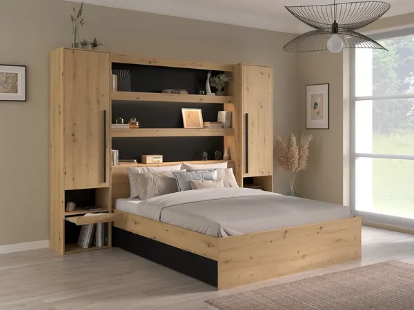 Vente-unique - VARLY Bett Holz, Platte SchwarzBeige - B 204 cm x H 202,8 cm x L 269,7 cm