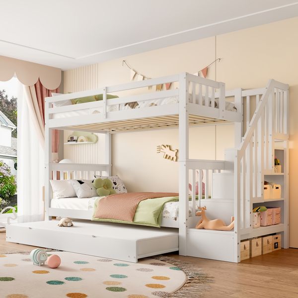Etagenbett aus Kiefernholz mit Treppenregal & ausziehbarem Rollbett, 90x200 cm, Weiß, ohne Matratze