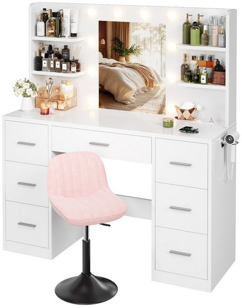 HOMALL Schminktisch Mit dreifarbiger LED-Beleuchtung, mit Spiegel, optional mit Hockern (Maße: 110 x 40 x 137 cm, mit 10 kugelförmigen Lampen, deren Helligkeit und Farbtemperatur einstellbar sind, sowie einer Schublade. Ausgestattet mit 1 USB-Anschluss...
