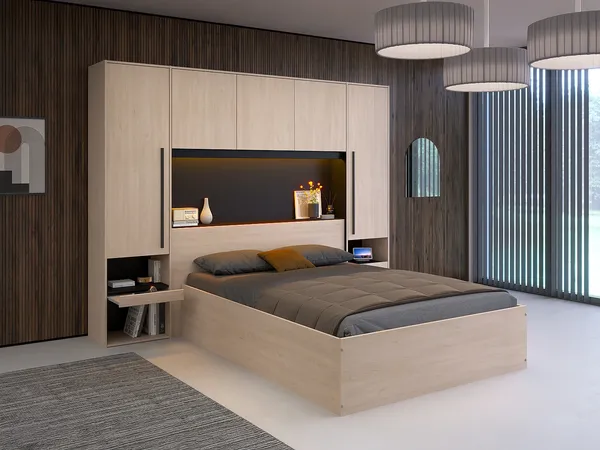 Vente-unique - VELONA Bett Holz, Platte SchwarzBeige - B 240 cm x H 202,8 cm x L 265,2 cm