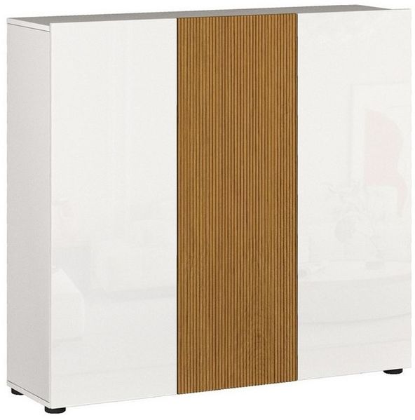 KITALY Schuhkommode 10 Böden, weiss hochglanz / Eiche Dekor - 120x115x34 (BxHxT)