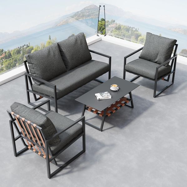Ball & Cast Gartenmöbel Set für 4 Personen, Balkonmöbel mit 2-Sitzer Sofa, Couchtisch und 2 Sesseln, PVC mit Design, Lounge Möbel Outdoor mit Glastischplatte, Schwarz