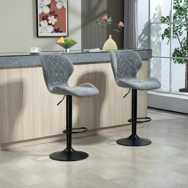 HOMCOM Barhocker 2er-Set, Drehbar Höhenverstellbar Barstuhl mit Chenille-Optik, Gepolstert Küchenstühle mit Rückenlehne und Fußstütze Tresenhocker für Küche, Stahl Dunkelgrau