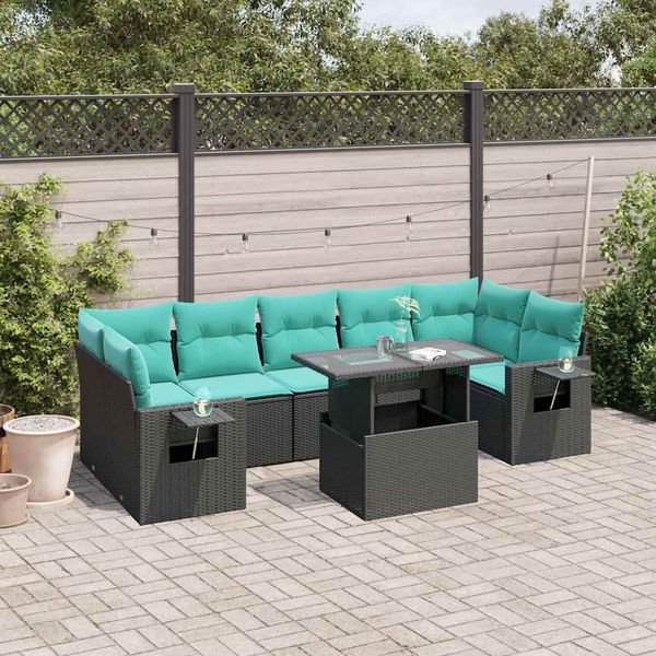 vidaXL 8-teiliges Gartensofa-Set mit Kissen, schwarzes Polyrattan 3267777