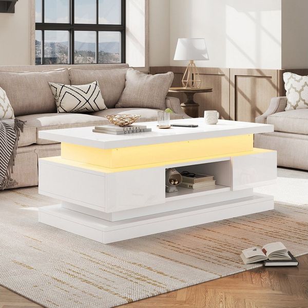 Merax Couchtisch hochglanz Sofatisch höhenverstellbar Beistelltisch mit LED & USB (1-St, 1 Tisch), Wohnzimmertisch mit Stauraum und 2 Schubladen, 100x50x40cm
