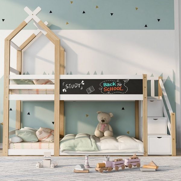 Merax Etagenbett, mit Tafeln und Treppen, Kinderbett 90x200cm, Hausbett Hochbett Kiefer