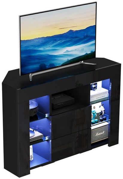 OUNUO Lowboard TV Eckschrank Fernsehtisch Hochglanz mit LED 100x40x68 cm, Schwarz