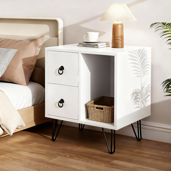 HOME NATURE WOHNKONZEPT Nachttisch Weiß 48x40x55 cm – 2 Schubladen & Offenes Fach, Schwarze Metallbeine, Moderner Bedside Table für Schlafzimmer