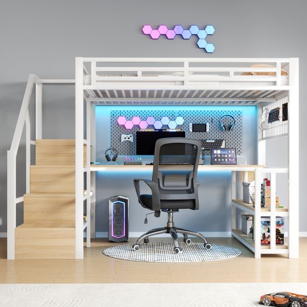 Merax Hochbett, 140 x 200 cm, Kinderbett mit Lagerregal, Hängendes Gitter, LED-Lichtleiste, Schreibtisch, Treppenkonstruktionen mit Stauraum,mit 2 USB-Anschlüssen und 1 Typ-C-Buchse, Weiß