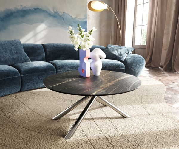 Couchtisch Edge Rund 90x90 cm Keramik Laminam® Noir Desir Braun Sarity Edelstahl gebürstet
