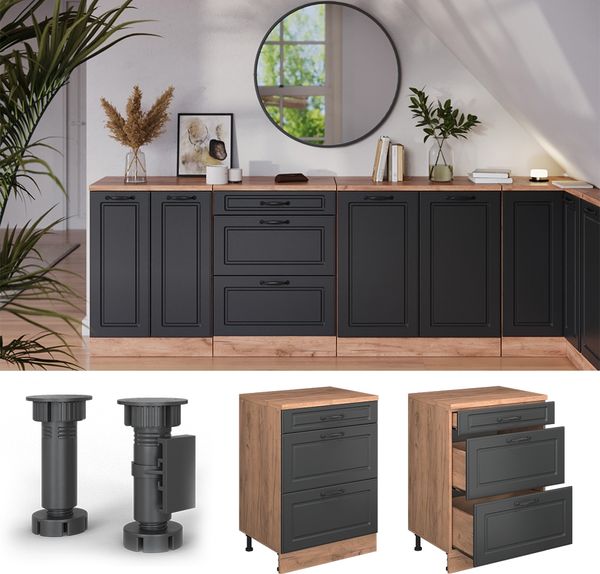Erweiterungskommode Rion Anthrazit Landhaus/Goldkraft Eiche 60 x 46 cm ohne Schräge mit 3 Schubladen Vicco Bild 5