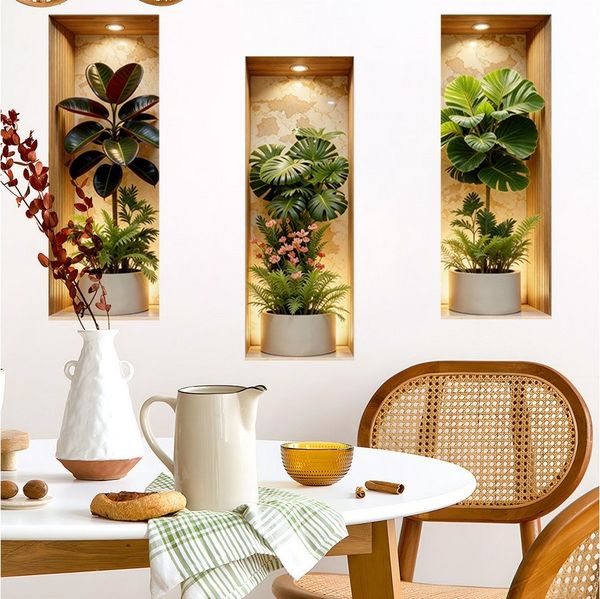 MOPUEA Wandsticker 3 Stück Pflanzen-Wandaufkleber 3D Wandtattoo für Wohnzimmer (Set, 3 St, Wasserfest & Leicht Zu Reinigen), 3d effekt für Büro, Flur, Wohnzimmer, Küche und Schlafzimmer