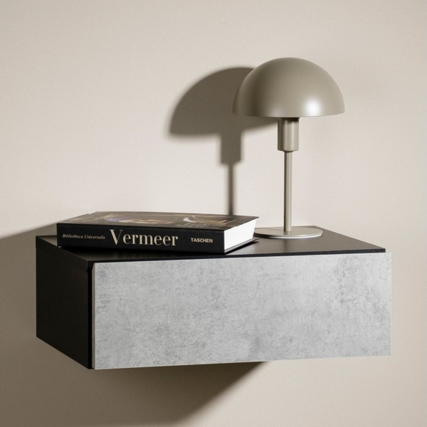 CARO-Möbel Hängender Nachttisch Anne mit Schublade in Betonoptik und Schwarz - griffloses öffnen & platzsparend durch Wandmontage, robuste Spanplatte