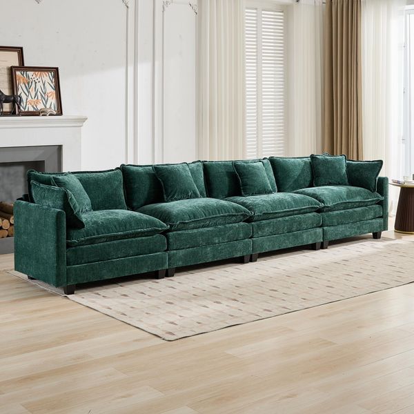 Modulsofa Chenille mit weicher Polsterung, 4-Sitzer, 75 x 380 x 84 cm, Grün